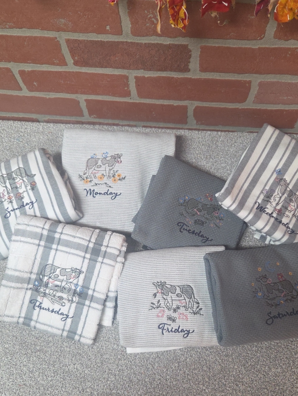 Embroidered Cow Kitchen Towels - Gray & White Set